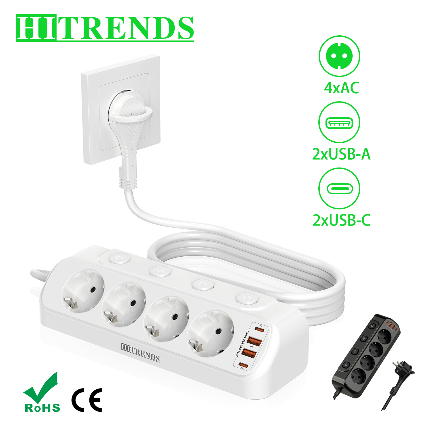 Power Strip Flat - 유럽 데스크탑 소켓 멀티 콘택트 멀티탭,