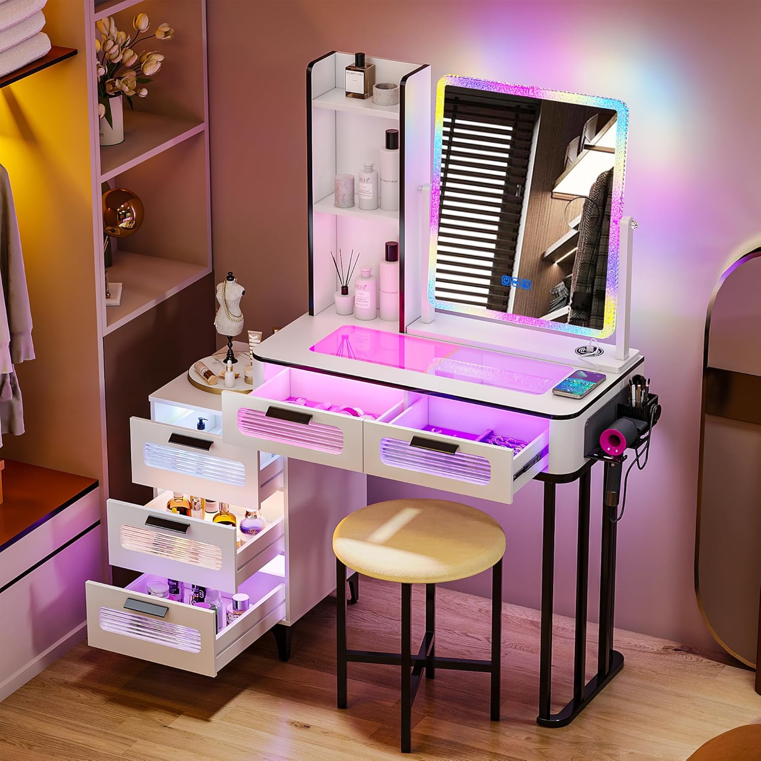 Desk Setup Charging Station - i*-RGB 무선 충전 스테이션이 있는 화장대,