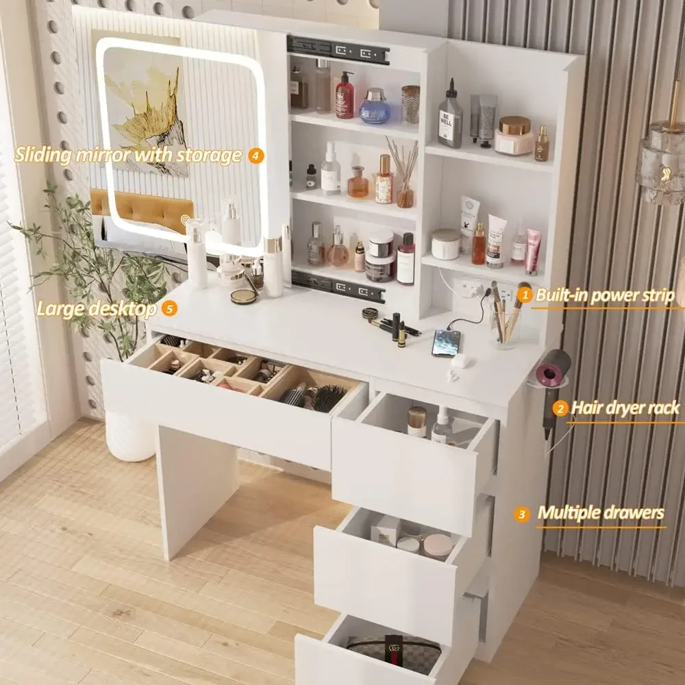 Desk Setup Charging Station - 충전 스테이션이 있는 화장대, 거울과 스툴,