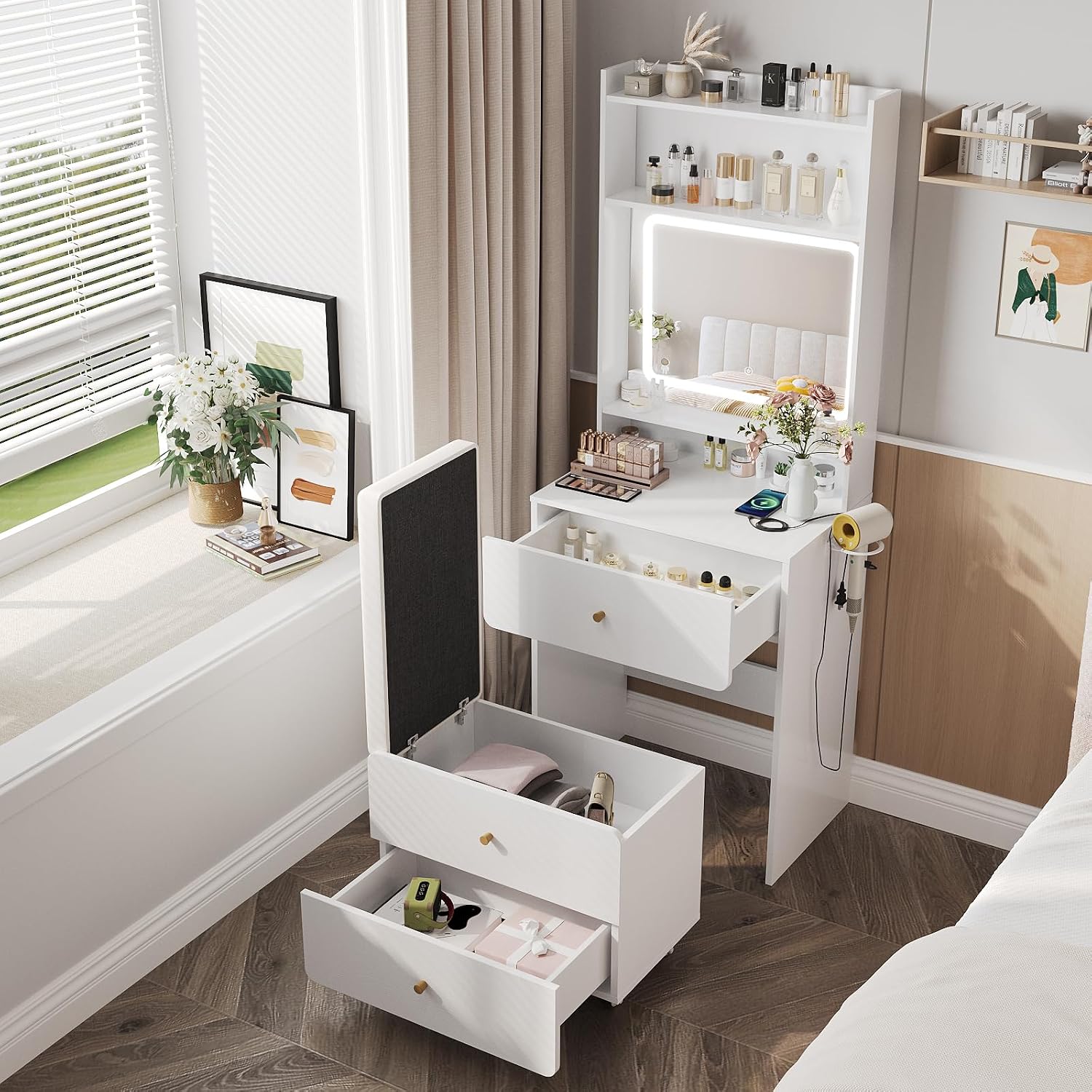 Desk Setup Bedroom - 화장대 세트 (거울&조명 포함) 소형 화장대