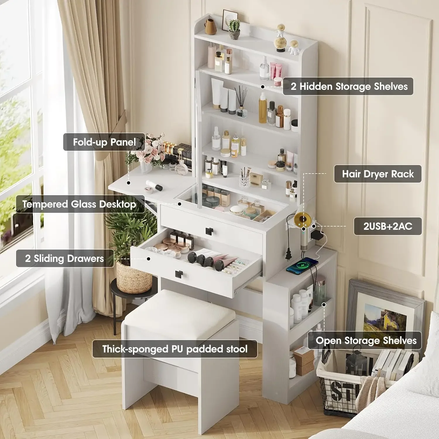 작은 화장대 세트, 3단계 조절 조명 거울, 접이식 패 - Desk Setup Charging Station 리뷰 및 가격