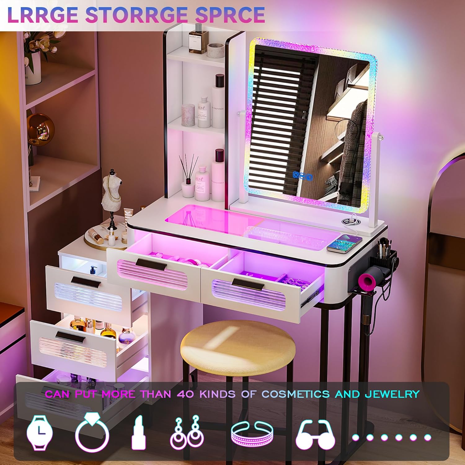 i*-RGB 무선 충전 스테이션이 있는 화장대, LED - Desk Setup Charging Station 리뷰 및 가격
