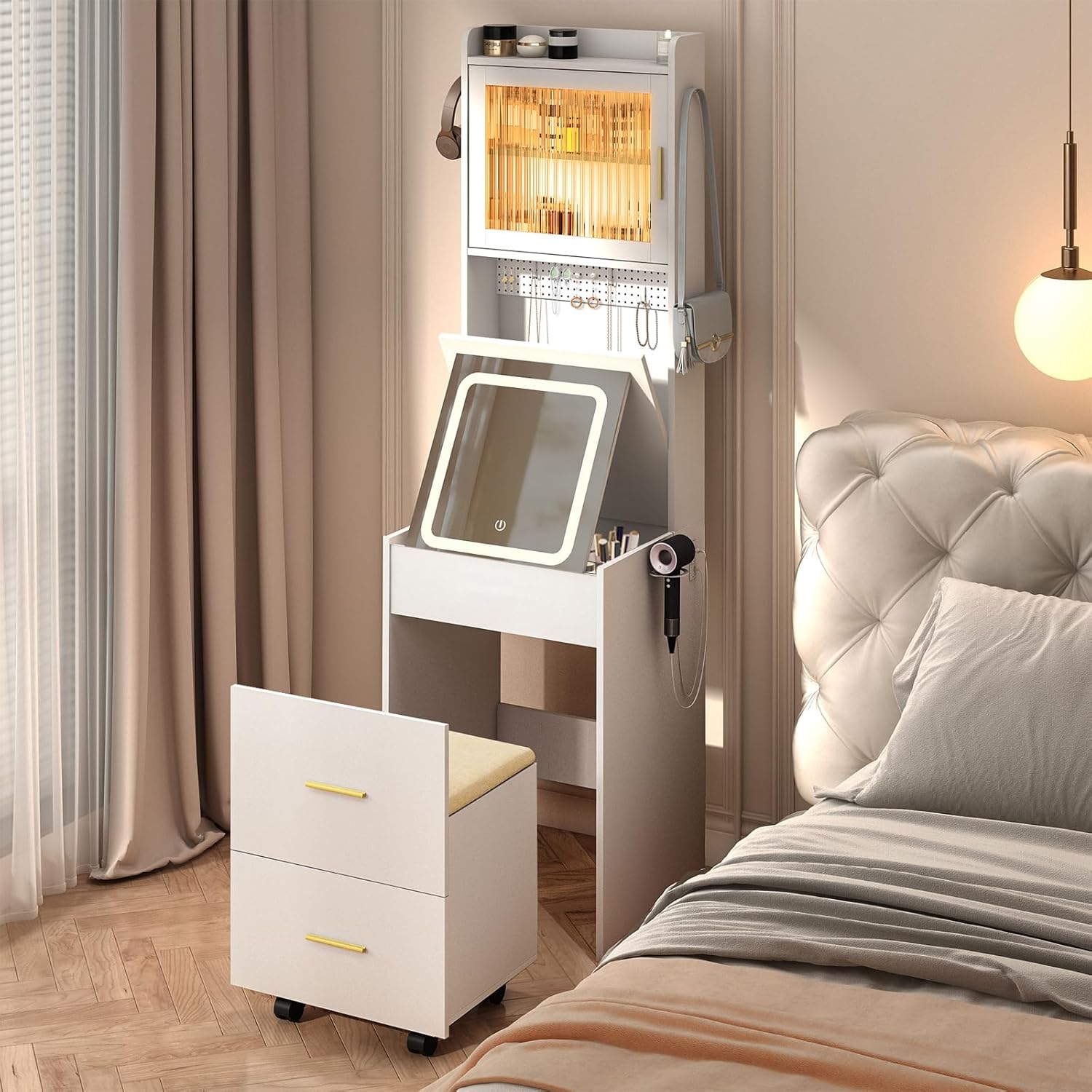 접이식 패널 조명 거울이 있는 3 in 1 화장대, 숨 - Desk Setup Charging Station 리뷰 및 가격