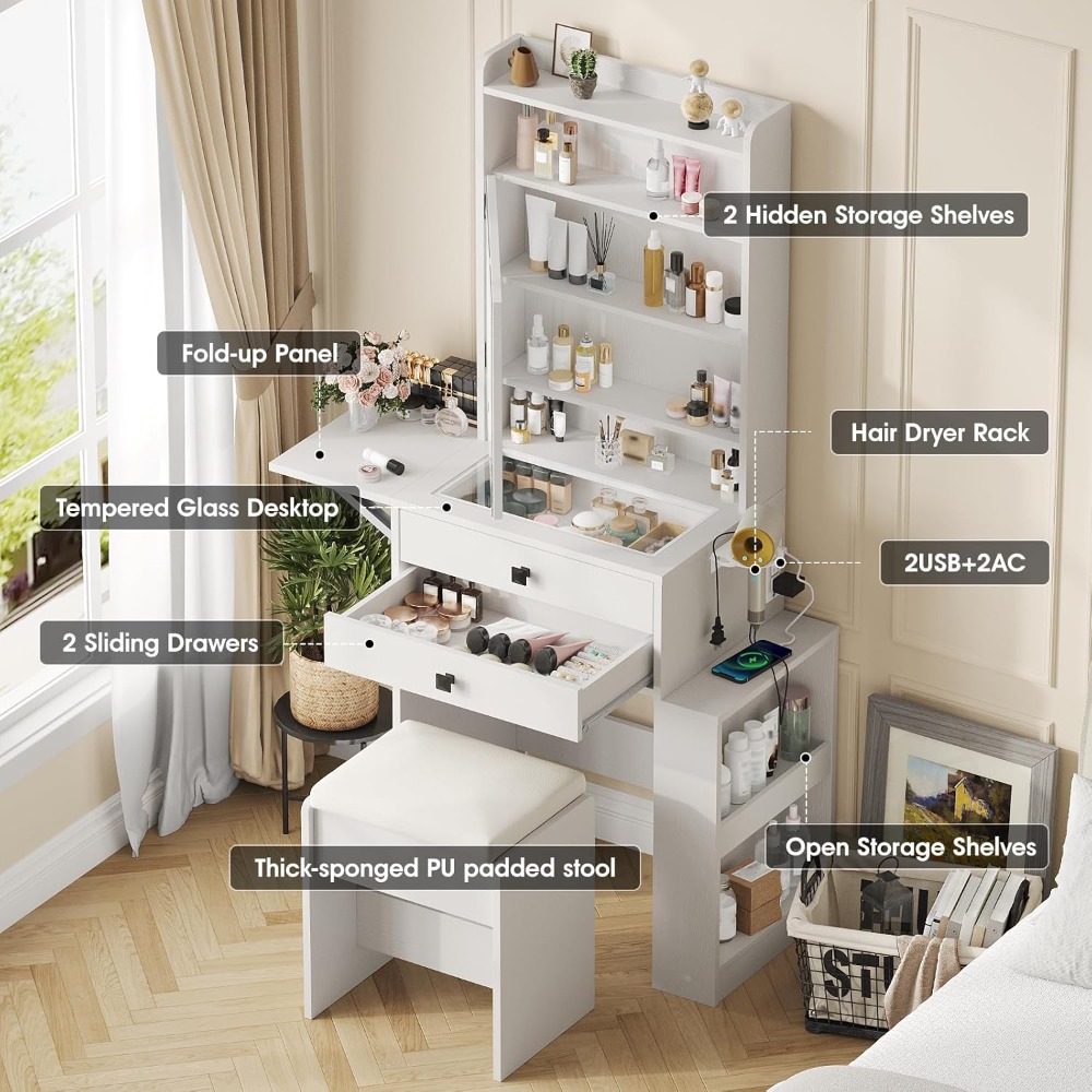 작은 화장대 세트, 3단계 조절 조명 거울, 접이식 패 - Desk Setup Charging Station 리뷰 및 가격