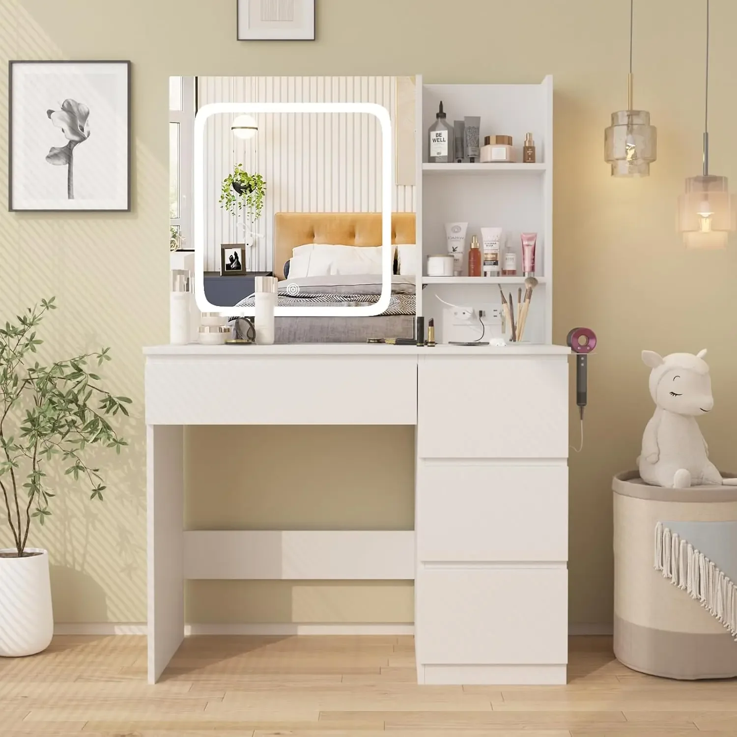 충전 스테이션이 있는 화장대, 거울과 스툴, 조명이 포 - Desk Setup Charging Station 리뷰 및 가격
