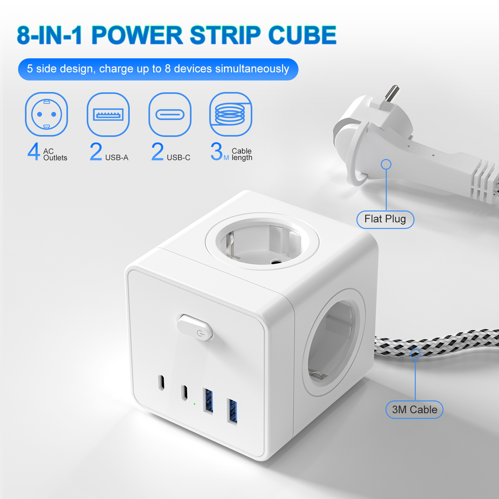 HITRENDS 8-in-1 큐브 소켓, 3미터 연장  - Power Strip Flat 리뷰 및 가격